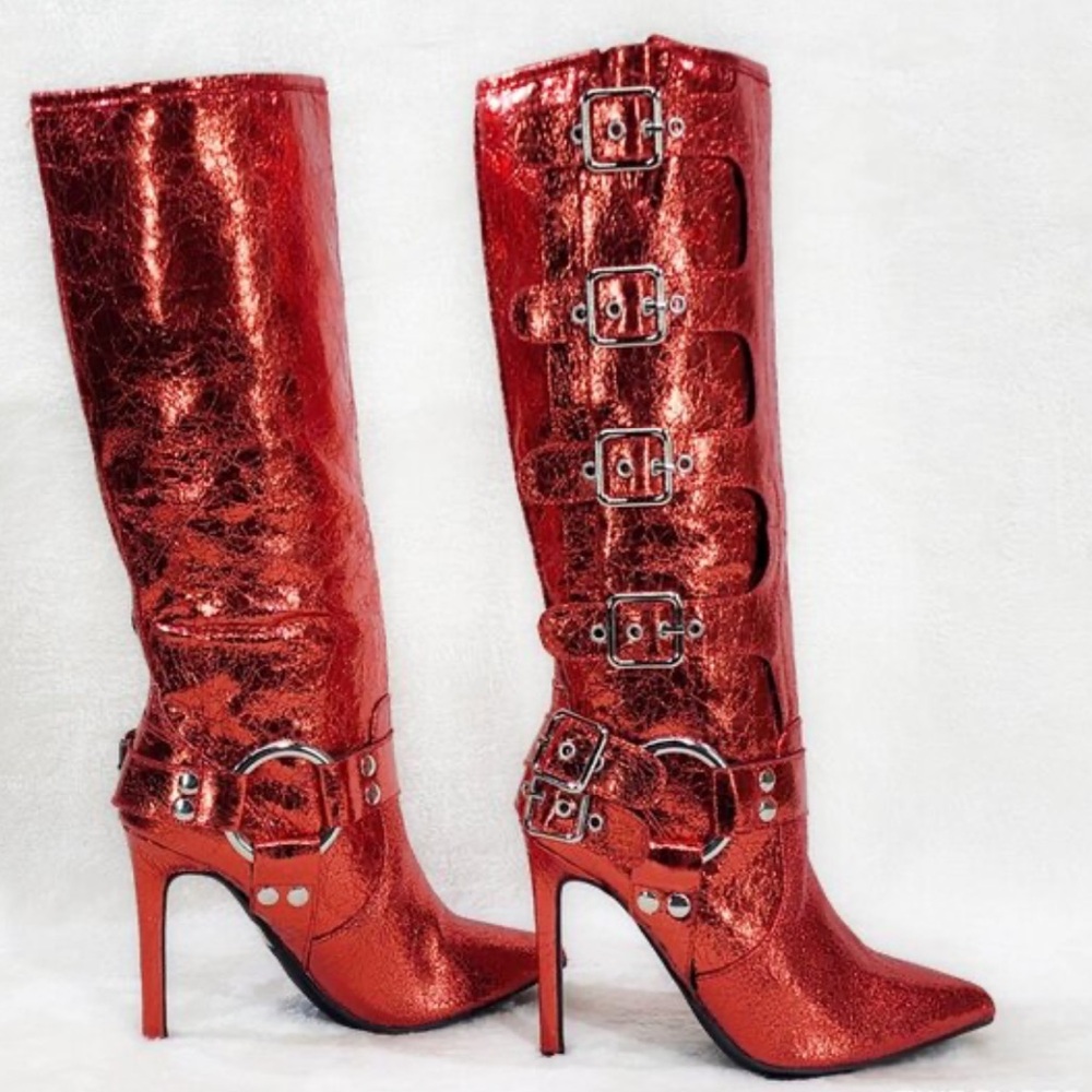 Red Buckle Knee-High Boots